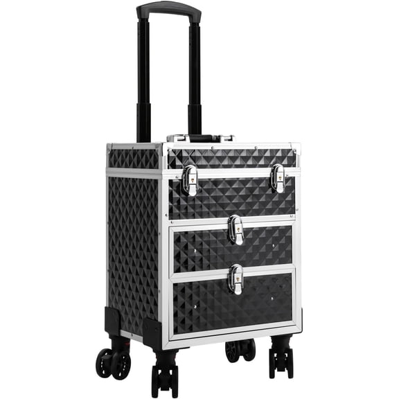 DENEST Professional Rolling Makeup Train Case Large Aluminum Cosmetic Trolley Organizer with 360Rotatable Wheels