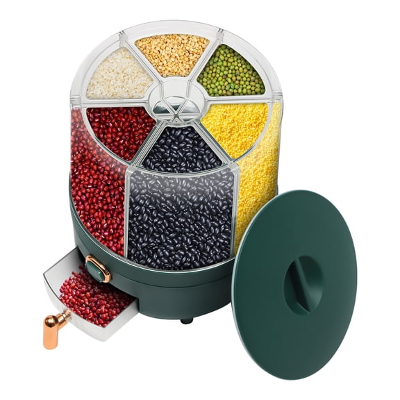 DENEST Rice Dispenser Dry Grain Food Storage Container Tank 6-Grid Rotating for Kitchen