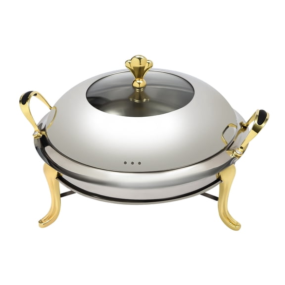 DENEST Round Chafing Dish, Gold Chafing Dish Set, 9.45in Pot Depth, Stainless Steel with Triangular Support Feet, for Hotels and Family Gatherings