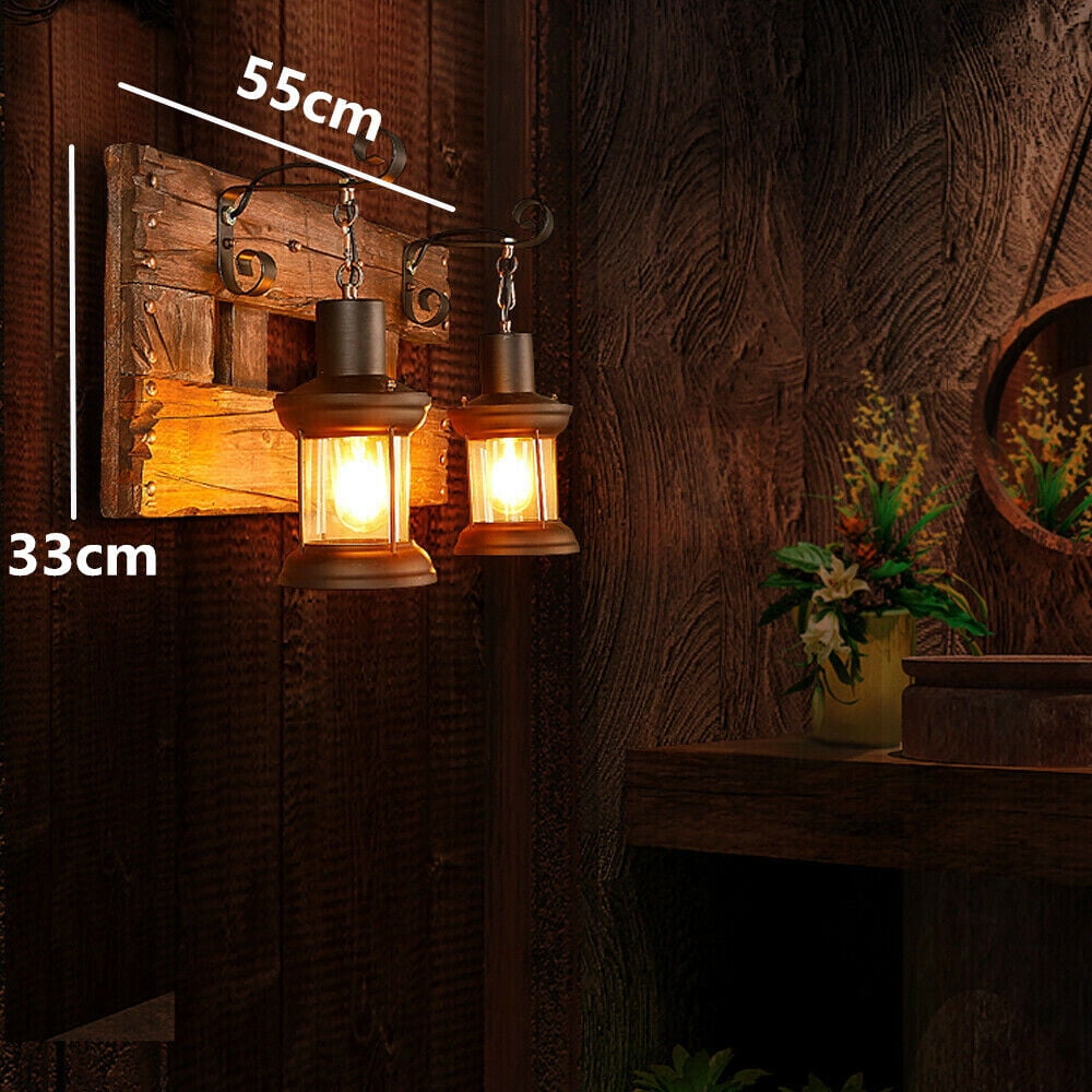 DENEST Rustic Wall Sconce Lamp Lantern Metal Glass Porch Light Hallway + Wood NEW