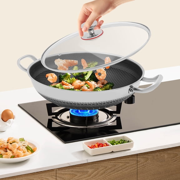 DENEST Skillet With Lid, Stainless Steel Frying Pan,14 Inch Non Stick Paella Pan