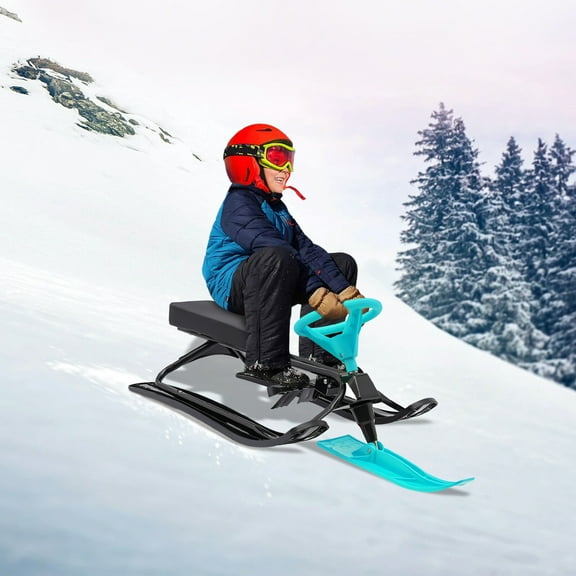 DENEST Snow Racer Winter Ski Sled Snow Sled W/ Steering Wheel For Kids Adults Outdoor