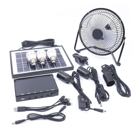 DENEST Solar Power Energy Lighting System Kit Set W/ 3 LED Lights, 1*Fan, 1 Solar Panel