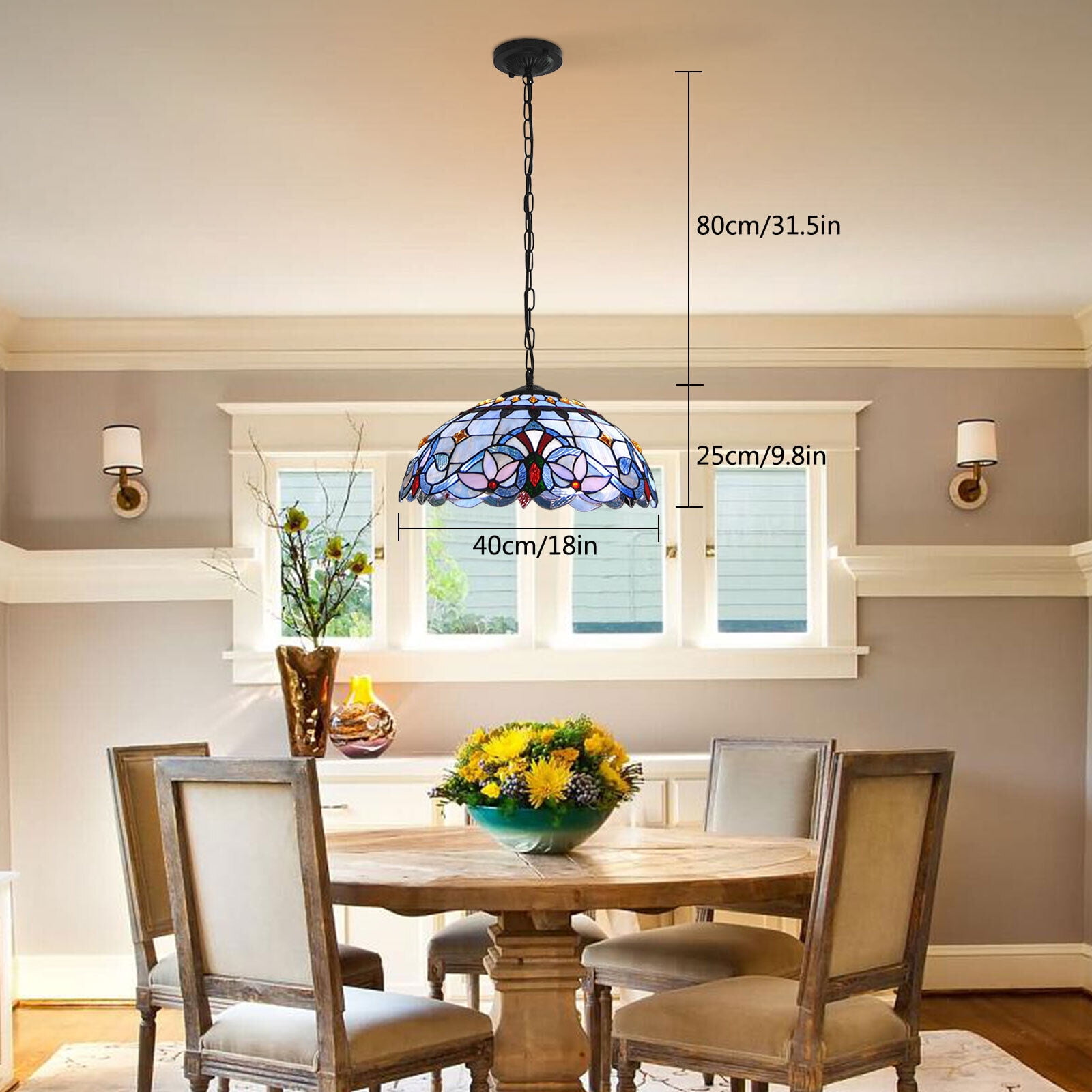 DENEST Tiffany Style Ceiling Light Pendant Hanging Lamp Fixture Art Deco Stained Glass