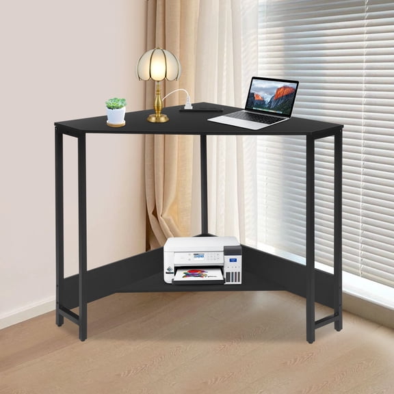 DENEST Triangular Corner Desk, Small Desk with Outlets, Free Standing Corner Table