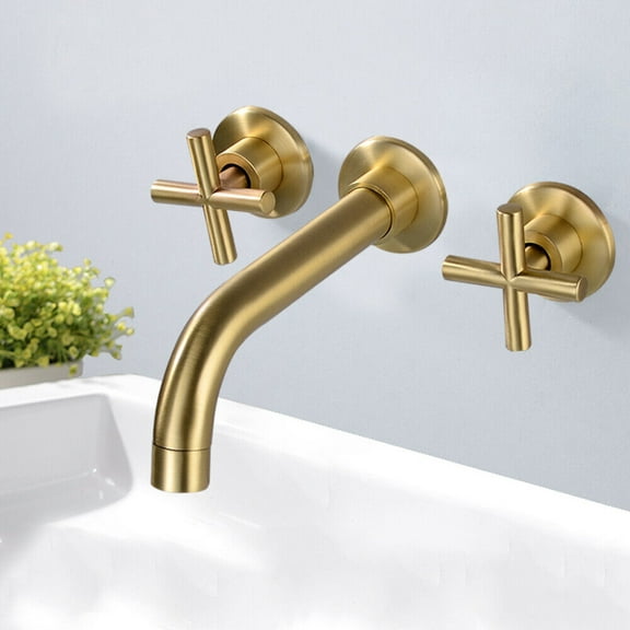 DENEST Wall Mount Double Cross Handle Bathroom Solid Brass Faucet in Brushed Gold
