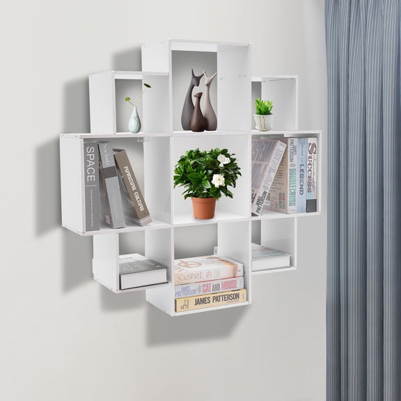 DENEST Wall Mounted Book Shelf Modern 3-Tier Floating Shelf Bookcase with 9 Compartments Wall Storage Shelves Floating Cube Shelf for Living Room Decoration Decor