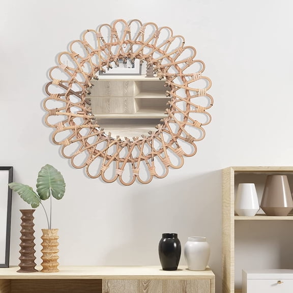DENEST Wall-Mounted Wood Rattan Mirror with Non-Marking Nails 15.75''x15.75''