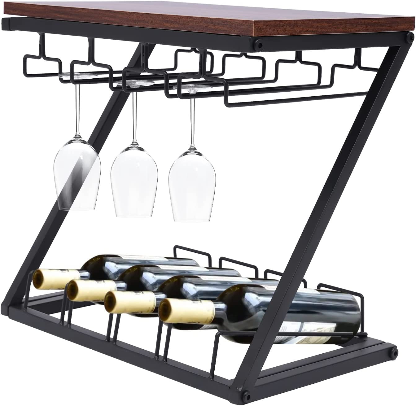 DENEST Wine Rack with Glass Holder Freestanding Countertop Wine Rack Hold 4 Wine Bottles & 8-12Glasses