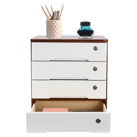DENEST Wood Desk Organizer with 4 Drawers, Lockable Desktop Countertop Storage Cabinet for Home Office Supplies File Tabletop Storage Box
