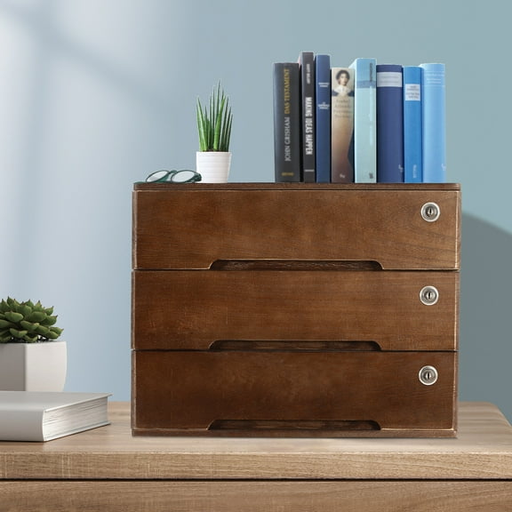 DENEST Wooden Desktop Storage Box with Lockable Drawers, 3 Tiers Office Supplies File Organizer, Flat File Cabinet Desk Storage Box for Dresser Tabletop