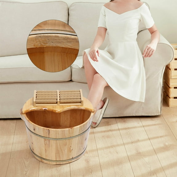 DENEST Wooden Foot Basin Foot Bath Bucket Foot Massage Barrel with Massage Roller
