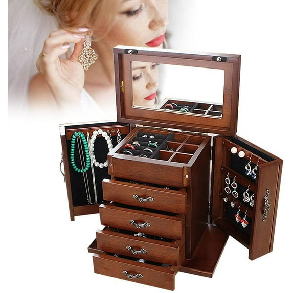 DENEST Wooden Jewelry Box Organizer 5-Drawer Large with Built-in Mirror Unisex