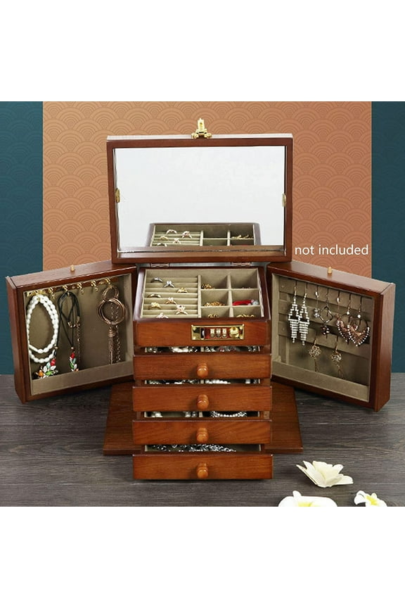 Wooden Jewelry Box with Combo Lock and Mirror(5 Layers, Dark Brown)