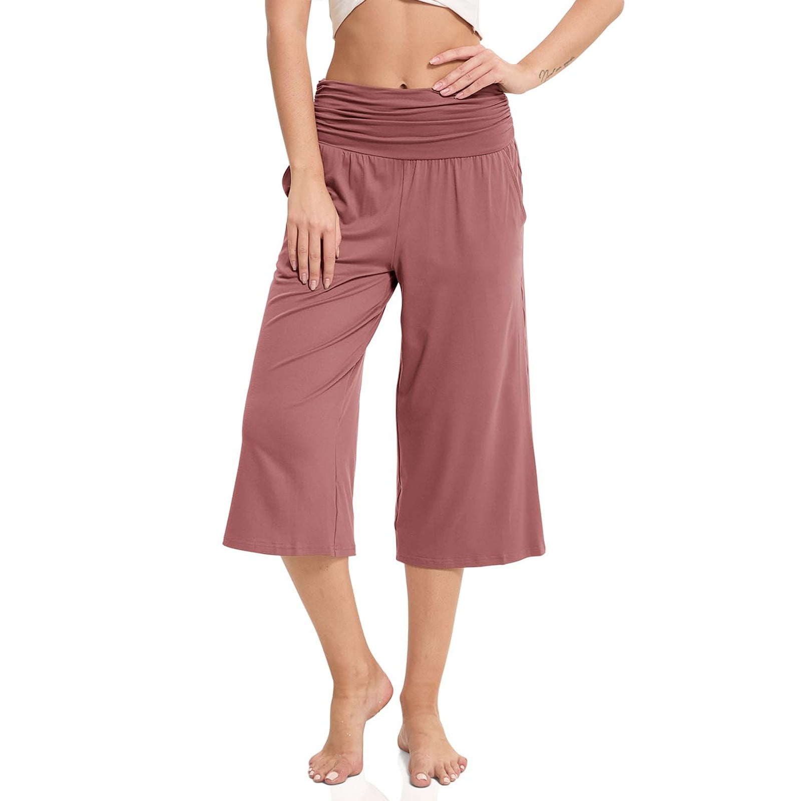 DENGDENG 2024 Women's Foldover Cropped Flare Yoga Pants with Pockets