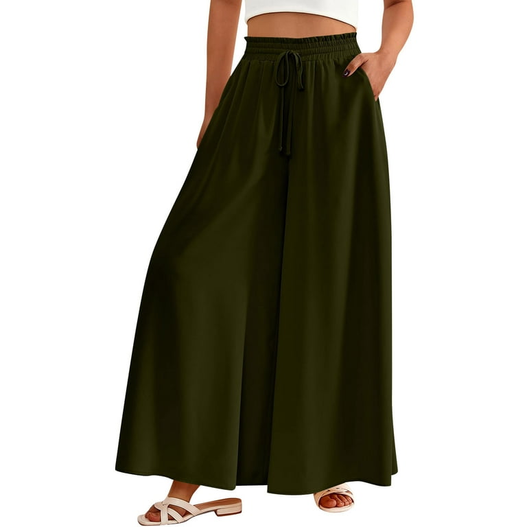 Chiclily Women's Wide Leg Pants with Pockets Lightweight High Waisted  Adjustable Tie Knot Loose Trousers Flowy Summer Beach Lounge Pants, US Size  Large in Wheat 