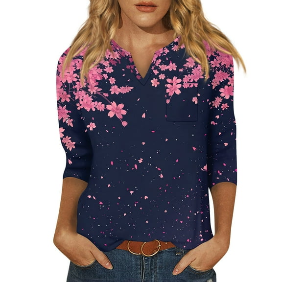 DENGDENG 3/4 Length Sleeve Tops For Women Petite Floral Shirts V Neck Vintage Blouses Casual Three Quarter Length Sleeve Basic Tee Boho Fall Pullover Navy M