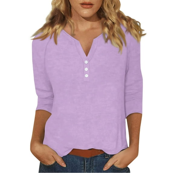 DENGDENG 3/4 Length Sleeve Tops for Ladies Summer Button Down T Shirts Henley V-Neck Casual Elbow Blouse Petite Three Quarter Length Tunics Business Trendy {Shirts} Light Purple XXL