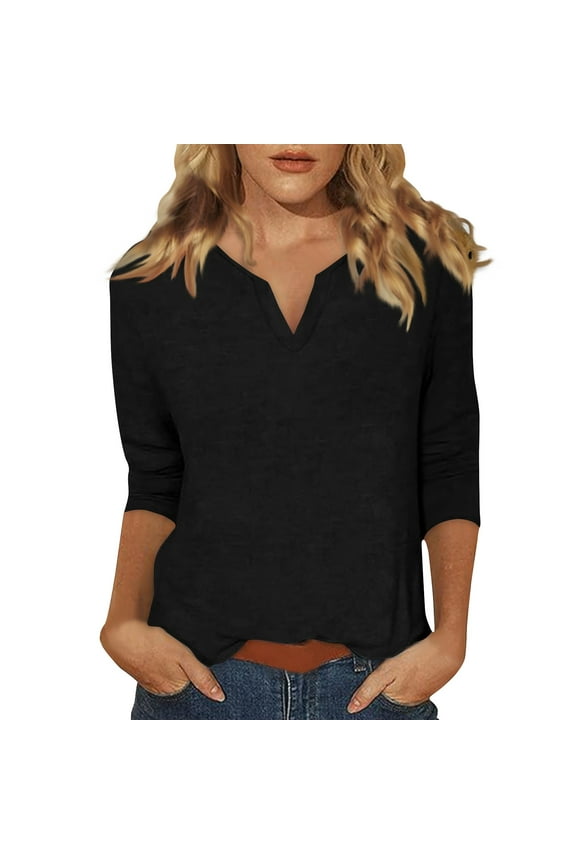 3/4 Length Sleeve Women's Shirts On Summer Loose Fit Solid Elbow Tops Business Casual V Neck Three Quarter Length Sleeve T Shirts Lightweight Spring Pullover Black S