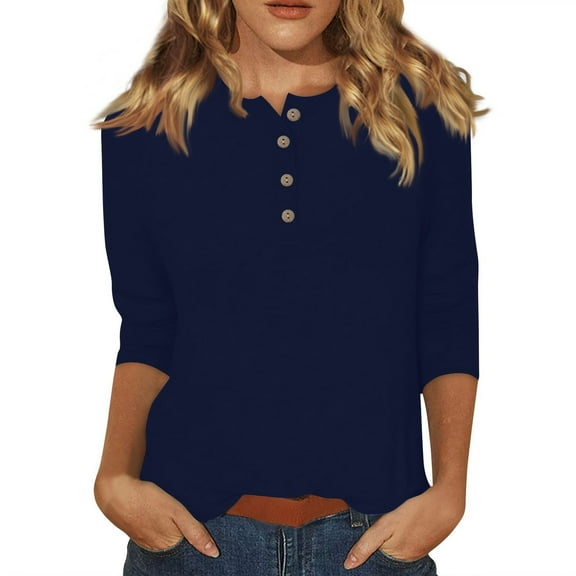 DENGDENG 3/4 Length Sleevewomens Tunic Tops Crew Neck Summer Tshirts Button Down Elbow Casual Tops Solid Color Three Quarter Length Blouses Loose Trendy Pullover Royal Blue L