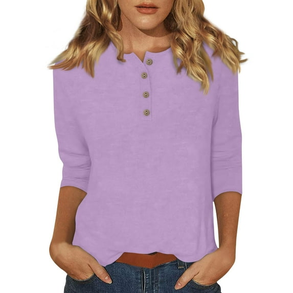 DENGDENG 3/4 Shirts for Women Summer Elbow Tops Round Neck Casual Button Down T-Shirts Boho Three Quarter Length Tunics Solid Color Fashion 2025 Blouse Light Purple 3XL