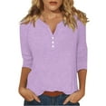 thumbnail image 1 of DENGDENG 3/4 Sleeve Cotton T Shirts for Women Button Down Summer Tops Henley Neck Elbow Sleeve Casual Tunic Tops Three Quarter Length Blouse Loose Fashion 2025 Clothes Light Purple L, 1 of 5
