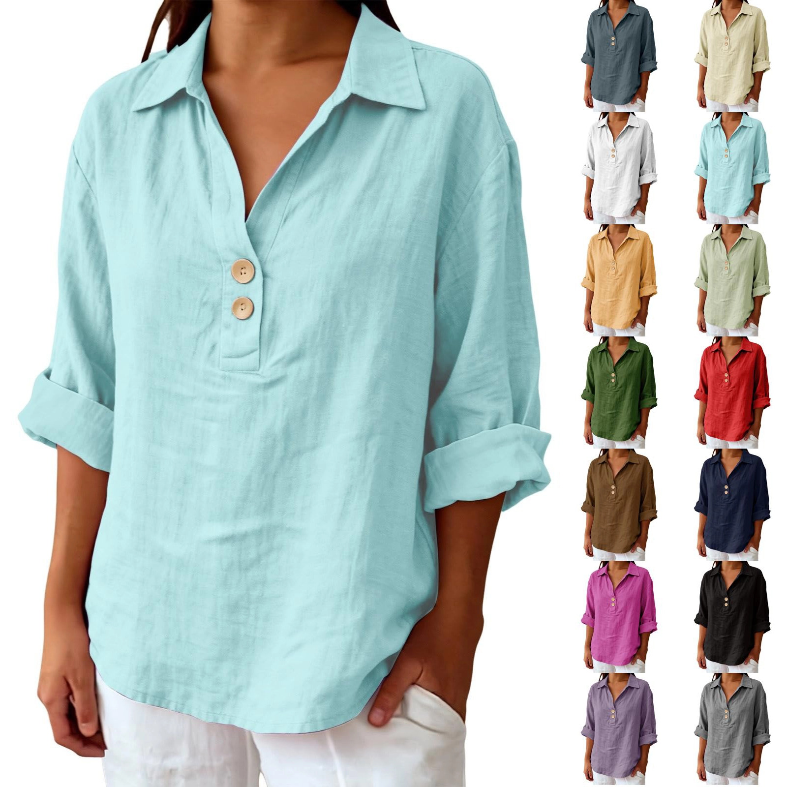 DENGDENG 3/4 Sleeve Linen Tops for Women Casual Button V Neck Collared ...