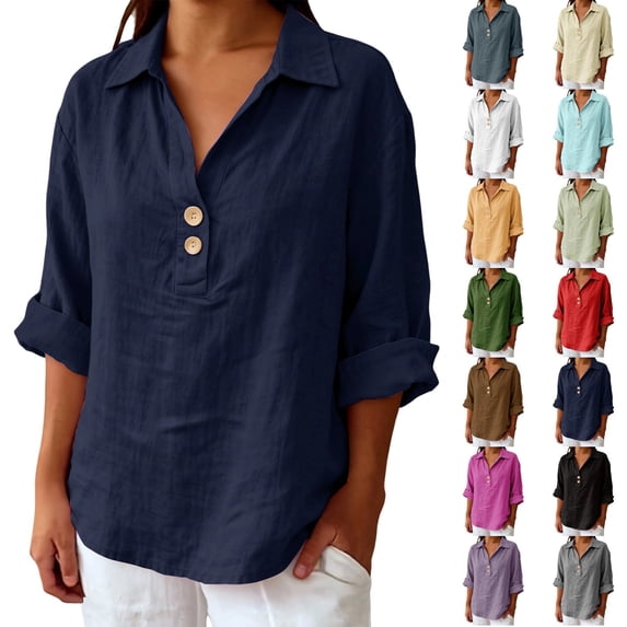 DENGDENG 3/4 Sleeve Linen Tops for Women Casual Button V Neck Collared Tunic Summer Spring Boho Blouses Outfits, #01 Navy L