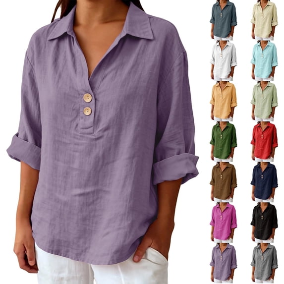 DENGDENG 3/4 Sleeve Linen Tops for Women Casual Button V Neck Collared Tunic Summer Spring Boho Blouses Outfits, #01 Purple XXL