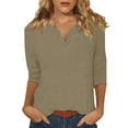 thumbnail image 1 of DENGDENG 3/4 Sleeve Shirts for Women Casual Loose Fit Solid V Neck Tops Fashion Summer Elbow Three Quarter Length Sleeve T Shirts Cute Clothes Khaki 3XL, 1 of 5