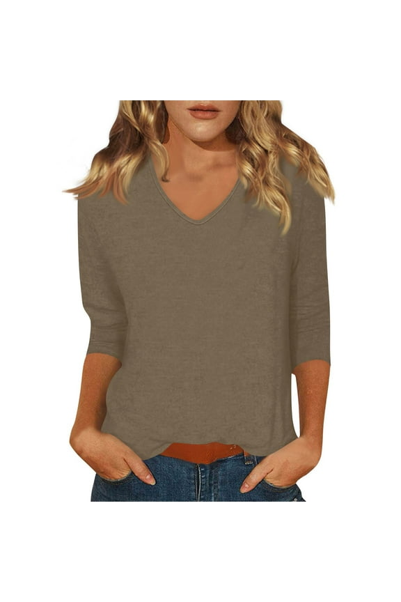 3/4 Sleeve T Shirts for Women Elbow Sleeve V-Neck Tops Fashion 2025 Summer Casual Shirts Trendy Three Quarter Length Blouses Business Plus Size Pullover Top Khaki XXL