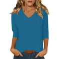 thumbnail image 1 of DENGDENG 3/4 Sleeve Tee Shirts for Women Cotton Elbow Sleeve V-Neck Tops Petite Casual Summer Blouses Fashion 2025 Three Quarter Length Shirts Petite Solid Color Clothes Blue L, 1 of 4