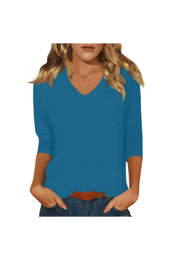 3/4 Sleeve Tee Shirts for Women Cotton Elbow Sleeve V-Neck Tops Petite Casual Summer Blouses Fashion 2025 Three Quarter Length Shirts Petite Solid Color Clothes Blue L