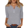 thumbnail image 1 of DENGDENG Women's 3/4 Sleeve Cotton Tshirts Casual Elbow Sleeve Tops V-Neck Summer Button Down Blouses Loose Three Quarter Length Tunics Plus Size Petite {Shirts} Light Gray S, 1 of 5