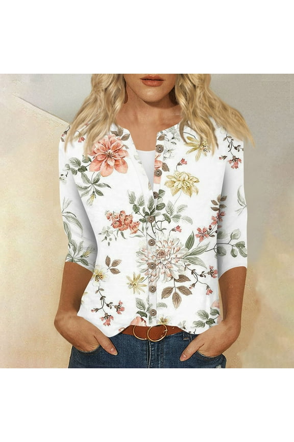 3/4 Sleeve Tops And Blouses for Women Summer Floral Print Elbow Button Down Shirt Casual Cardigan Three Quarter Length Cute T-Shirts Petite Clothes Beige M