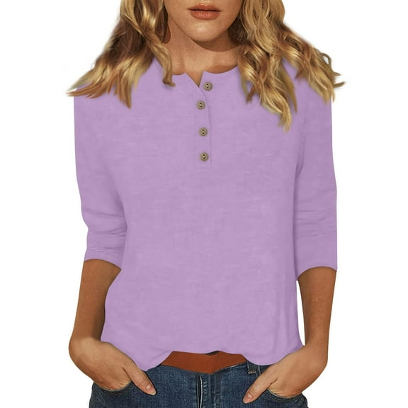 DENGDENG 3/4 Sleeve Tops for Women Dressy Summer Elbow Sleeve T Shirts Casual Crew Neck Button Down Blouse Solid Color Three Quarter Length Shirts Boho Plus Size Clothes Light Purple M