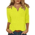 thumbnail image 1 of DENGDENG 3/4 Sleeve Womens Tops Summer Elbow Tshirts Fashion 2025 Casual V-Neck Tunics Boho Three Quarter Length Shirts Dressy Solid Color Blouses Yellow M, 1 of 5