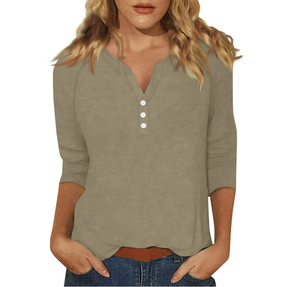 DENGDENG 3/4 Tops for Women Henley Neck Casual T-Shirts Summer Elbow Sleeve Button Down Shirts Plus Size Three Quarter Length Blouse Petite Cute Pullover Khaki S