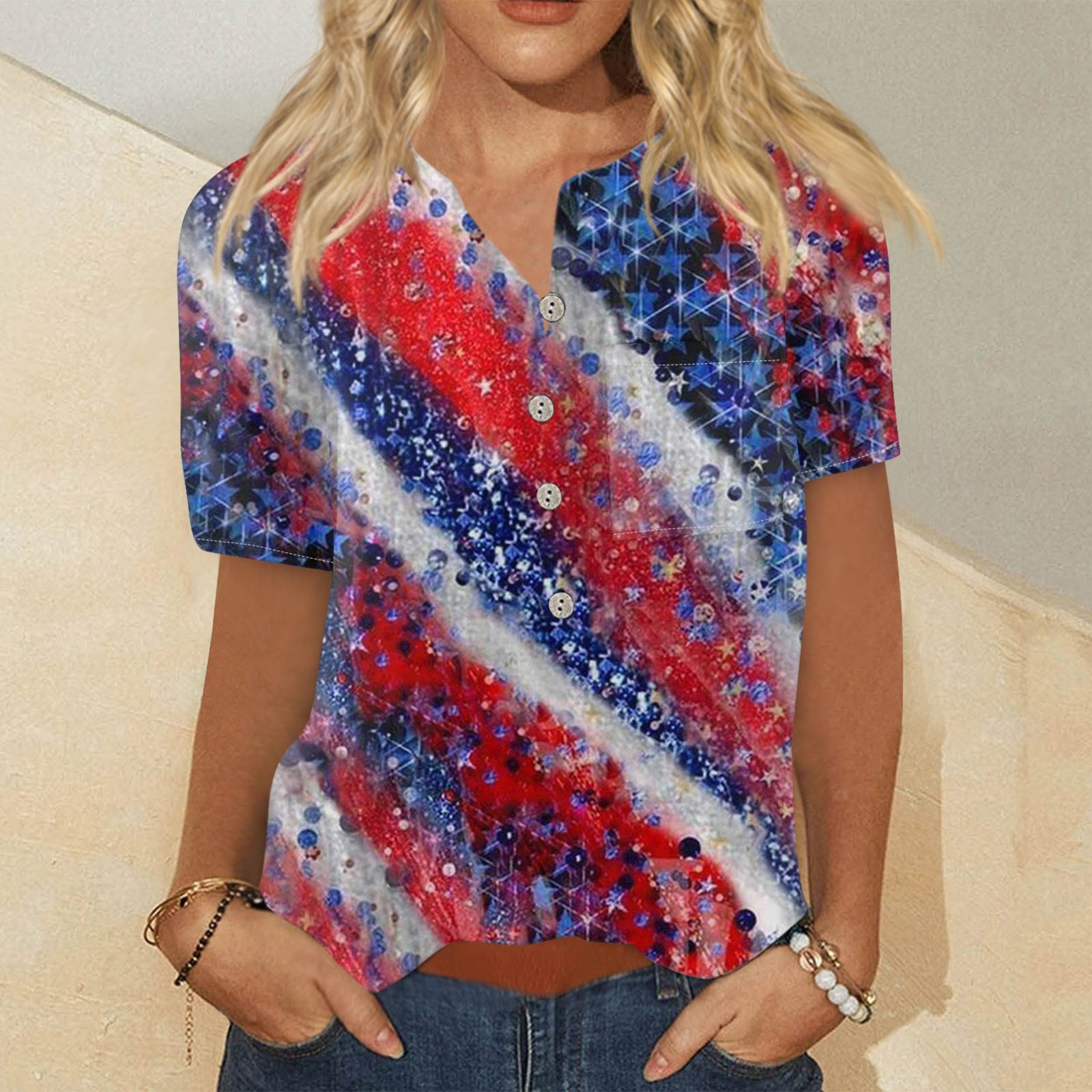 Dengdeng 4th Of July T Shirts For Women Short Sleeve 2024 Usa Flag Print Independence Day Tops 7130