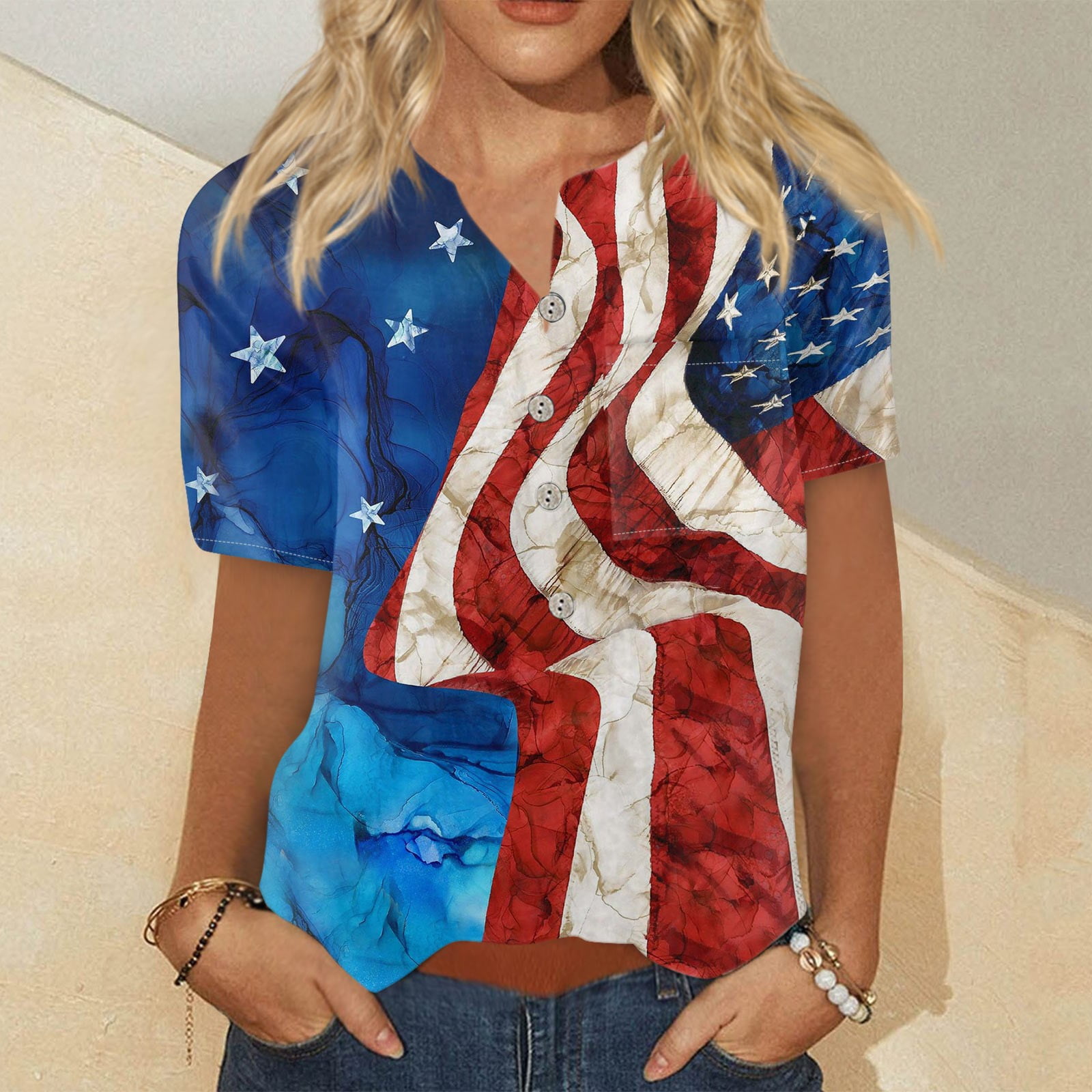 DENGDENG 4th of July TShirts for Women Short Sleeve 2024 USA Flag