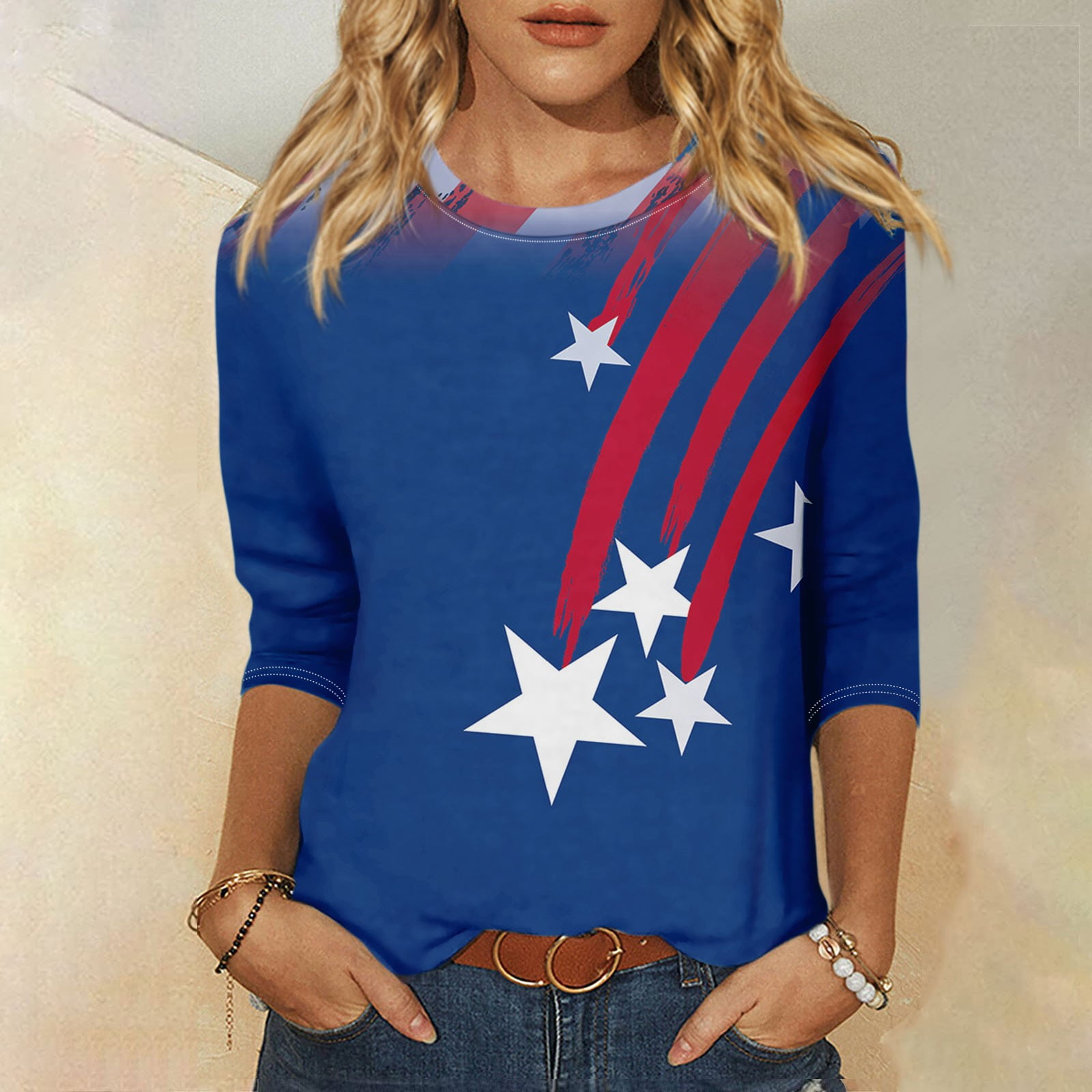 DENGDENG 4th of July Tee Shirts for Women 3/4 Sleeve USA Flag Print