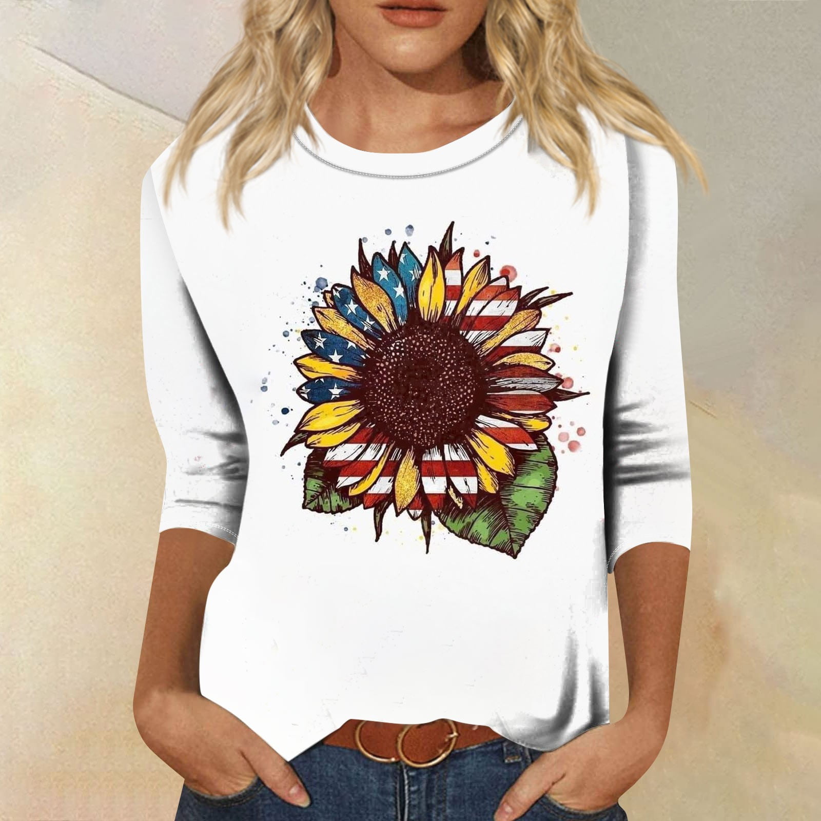 DENGDENG 4th of July Womens Casual Tops 3/4 Sleeves Elbow Patriotic Mid