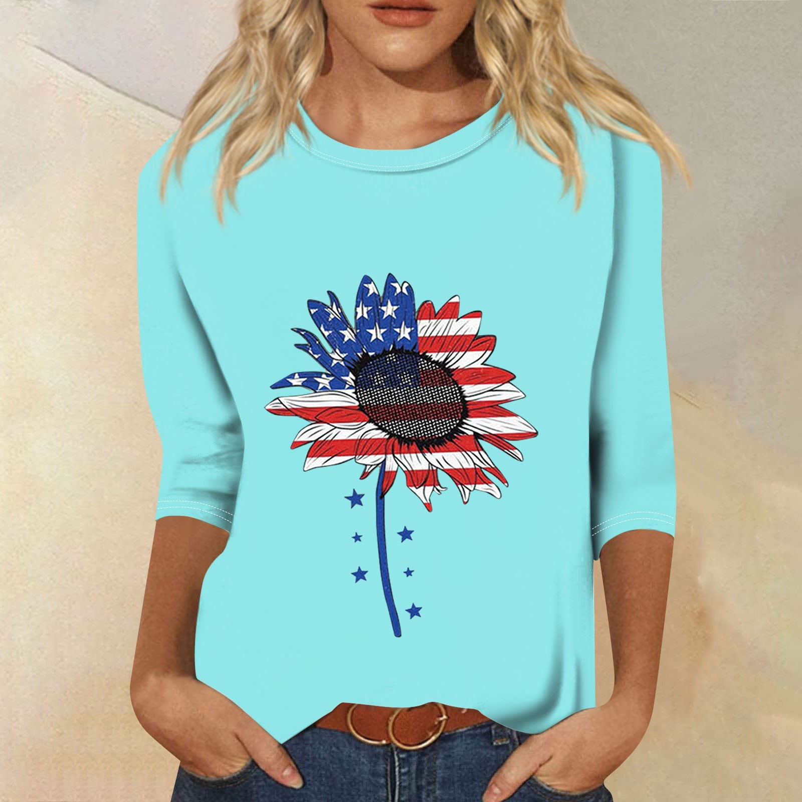 Dengdeng 4th Of July Shirts For Women American Flag Print Womens 34 Length Sleeve Tops Plus 5338