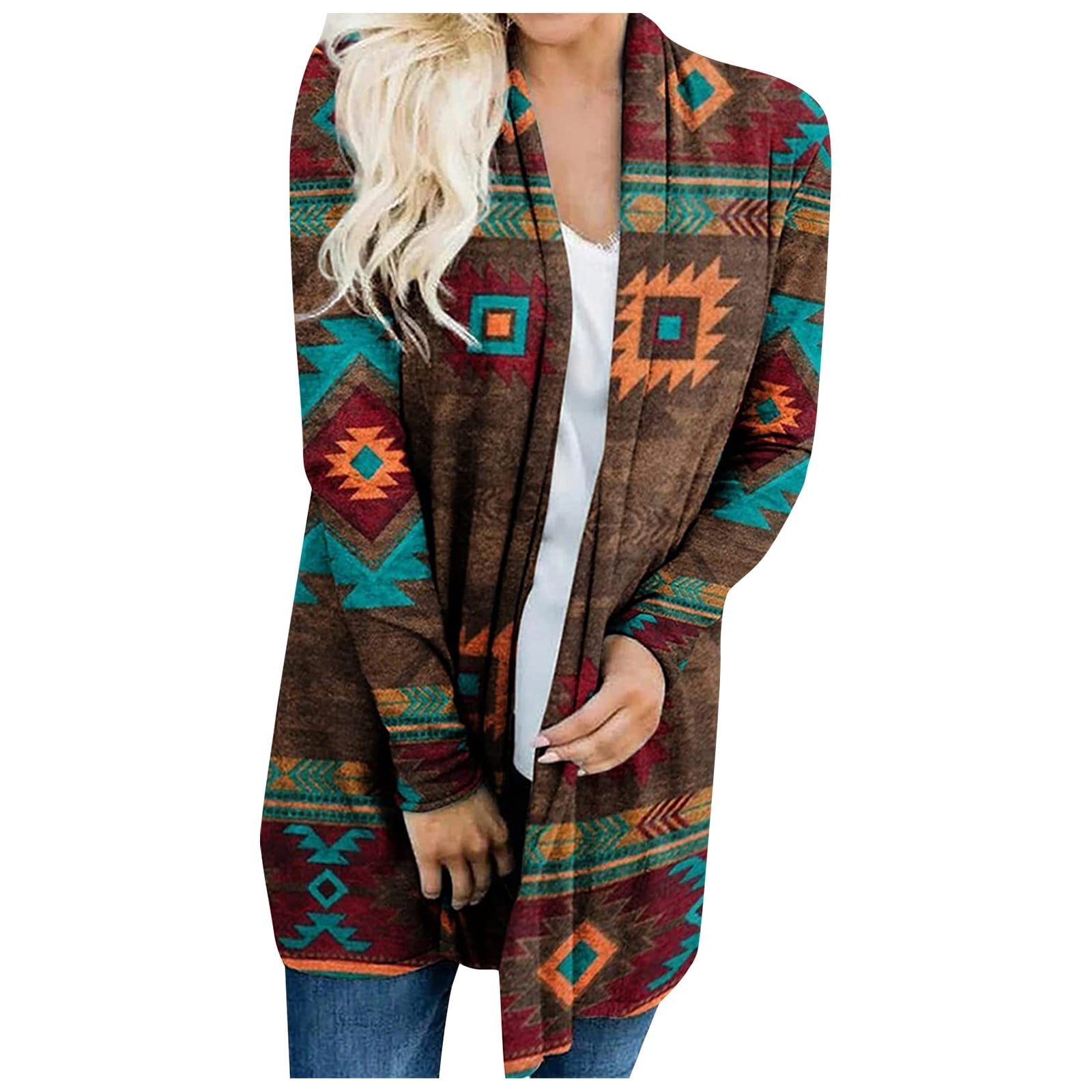 DENGDENG Aztec Cardigan Sweaters for Women Open Front Warm Jacket Women Long Sleeve Western Oversized Cardigan for Women Plus Size Fall Ethnic Style Loose Fit Plus Size Clothes for Women BrownXXL
