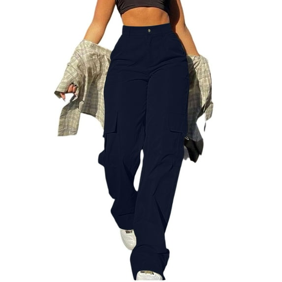DENGDENG Baggy Cargo Pants Women Plus Size High Waisted Casual Work Pants with Pockets Loose Wide Leg Pants Fashion Lounge Y2k Streetwear Trousers Navy M
