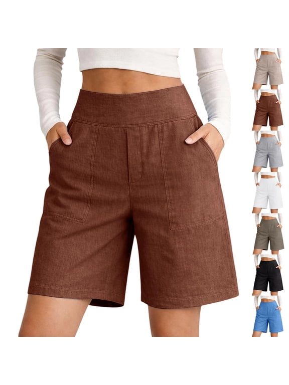 Bermuda Shorts for Women Dressy Casual High Waisted Long Shorts Summer Chino Straight Leg Knee Length Pants Vacation Outfits,L,#03 Coffee