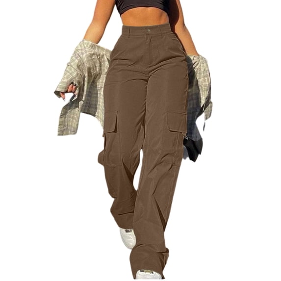 DENGDENG Brown Cargo Pants Women Petite High Waisted Casual Hiking Pants Lightweight Dress Parachute Pants with Pockets Plus Size Y2k Streetwear Long Wide Leg Trousers Brown L