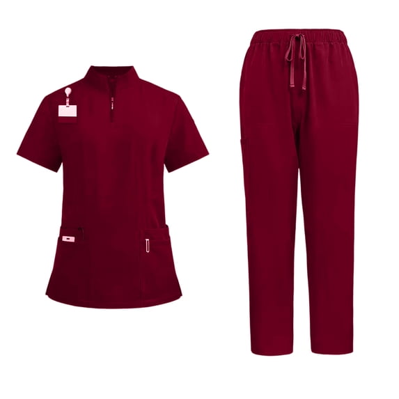 DENGDENG Burgundy Scrubs Sets for Women Stretch Nurse Uniform 1/4 Zip Up V Neck Short Sleeve Scrub Tops and Drawstring Jogger Pants Work Nursing Breathable Scrub Suit with Multi Pocket,Wine S