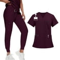 thumbnail image 1 of DENGDENG Burgundy Scrubs Sets for Women Stretch Nursing Uniform Short Sleeve V-Neck Scrub Top & Jogger Pants Work Nurse Trendy Scrubs Set with Pockets,Wine S, 1 of 5