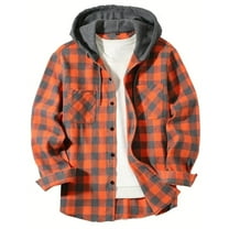 DENGDENG Flannel Overshirt Men Casual Hooded Button Down Hoodie Shirt Fall Retro Long Sleeve Plaid Jackets with Pocket Orange XL